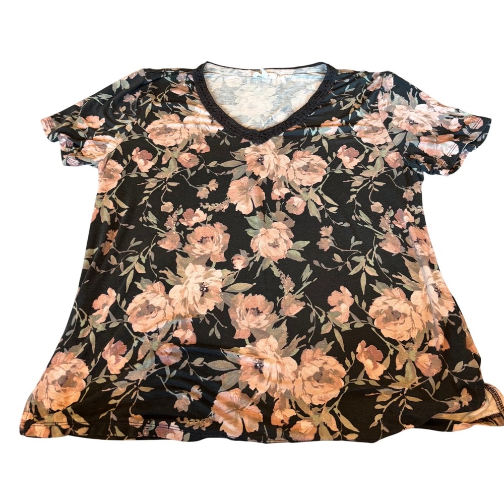 Maurices Womens Floral V-Neck Crochet Trim Short Sleeve Knit Top Black Pink L